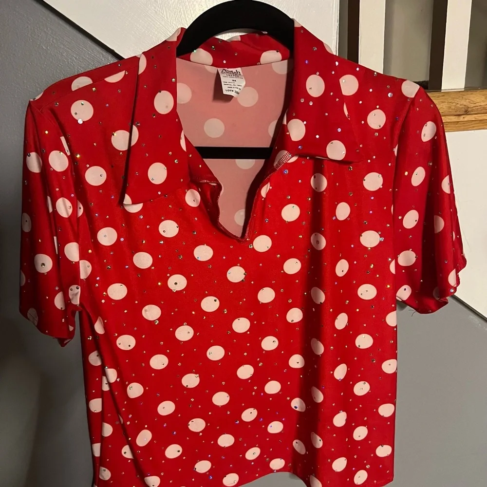 Choo Choo Guy Red Polka Dot Dance Top and Navy Pants, Small Adult